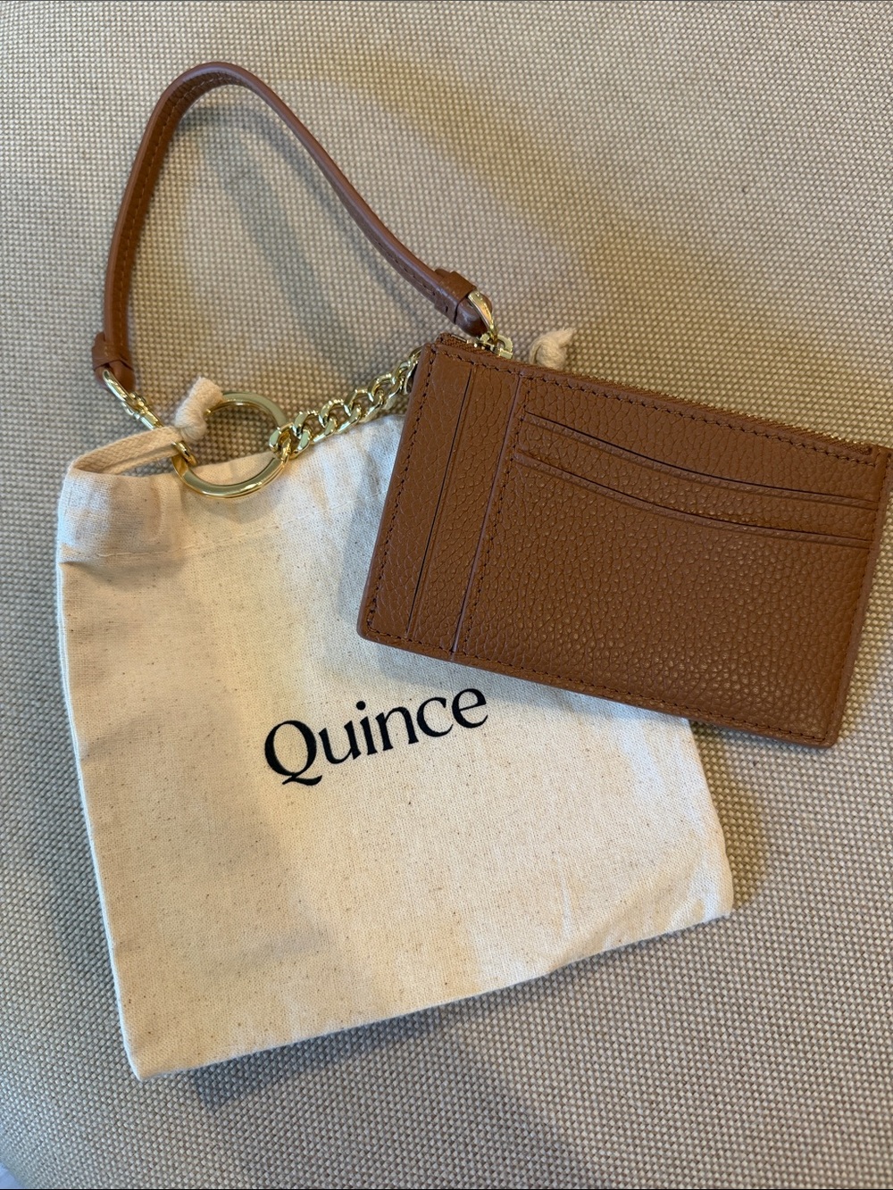 Quince Cognac Pebbled Leather Card Holder with Gold Chain Strap